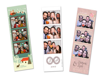 Custom photo design - photostrip of Smileme photobooth with graphics, logos, colors of each customer's choice such as wedding invitation, corporate identity, party logo